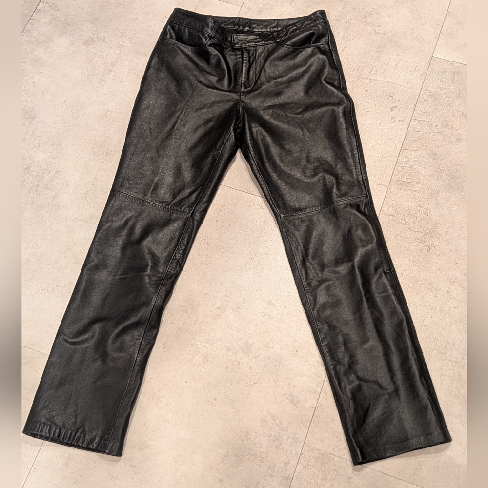 INC International Concepts Black Straight Genuine Leather Pants Vintage